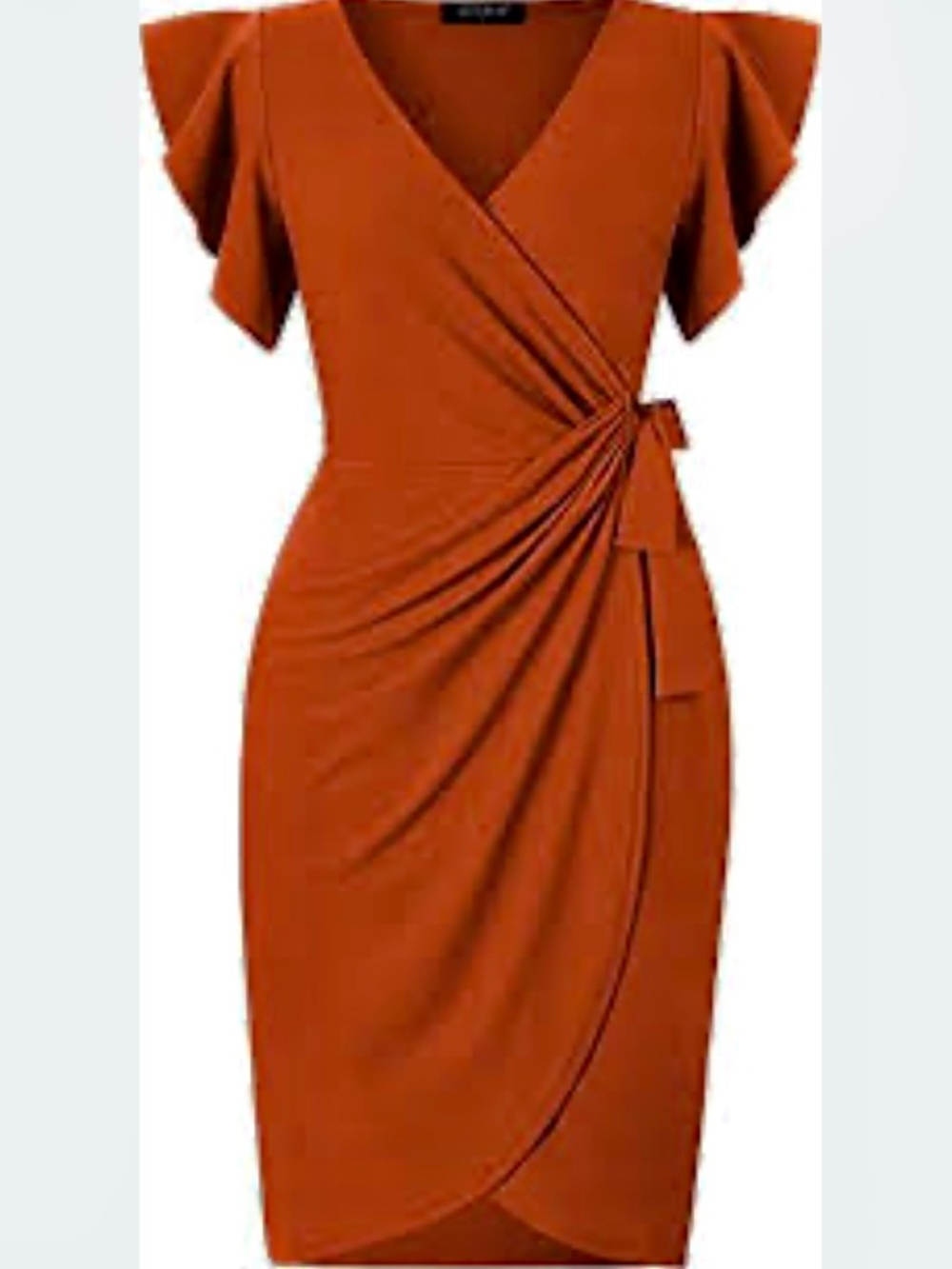 Oten Autumn Rust Deep V-Neck Ruffle Short Sleeve Faux Wrap Dress - Medium (NWOT)